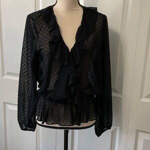 bNWT Bar III Black Sheer Ruffle V-Neck Blouse, Large